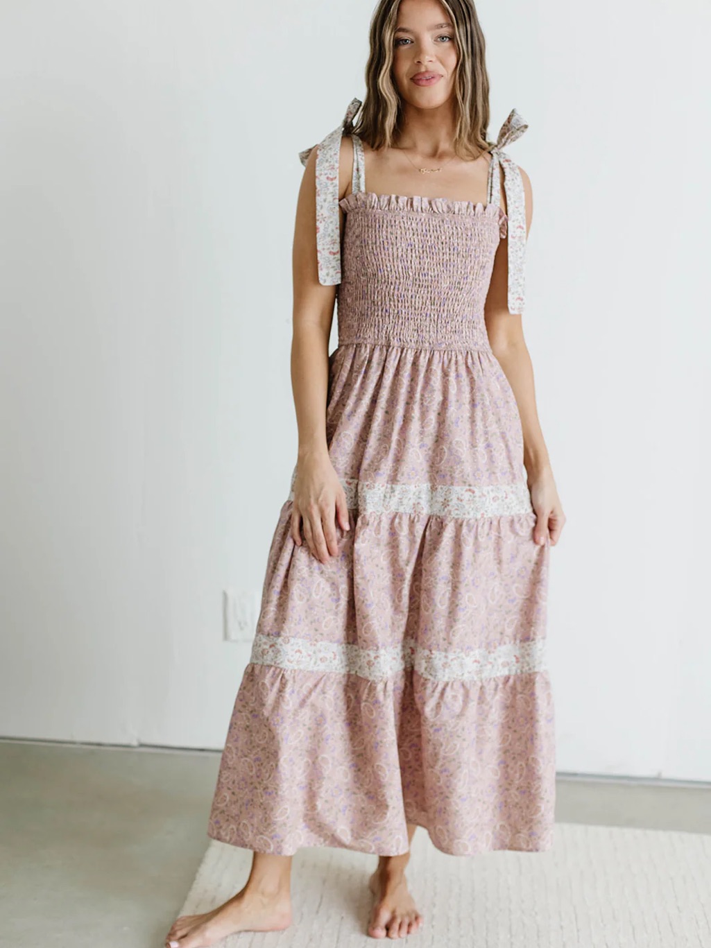 Smocked Tie-Strap Maxi Dress In Blush Pink